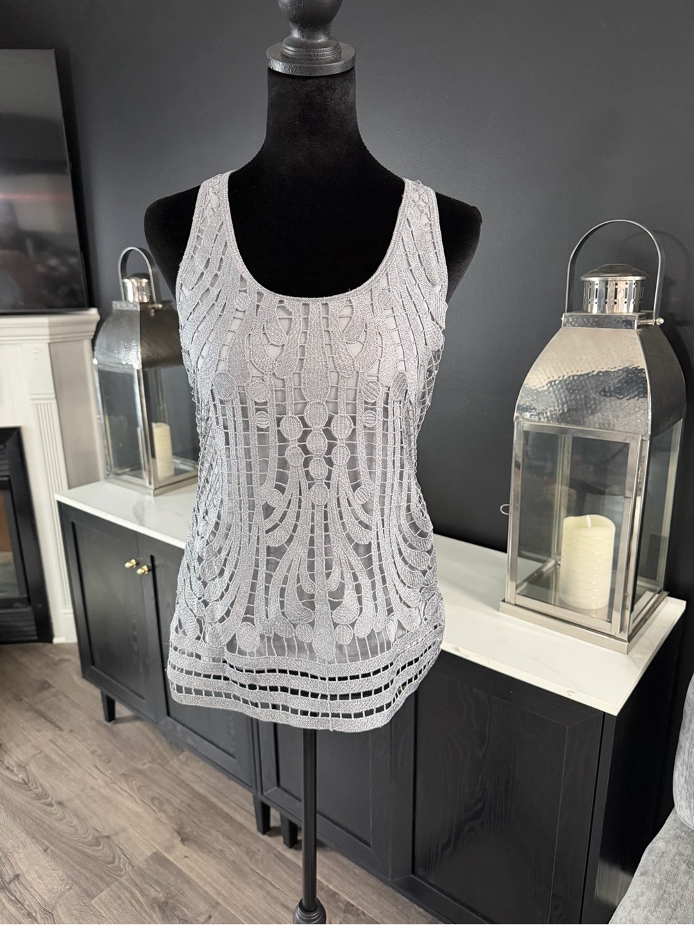 Express Gray Crochet Lace Front Tank Top Boho Sleeveless Size Small - Picture 2 of 5